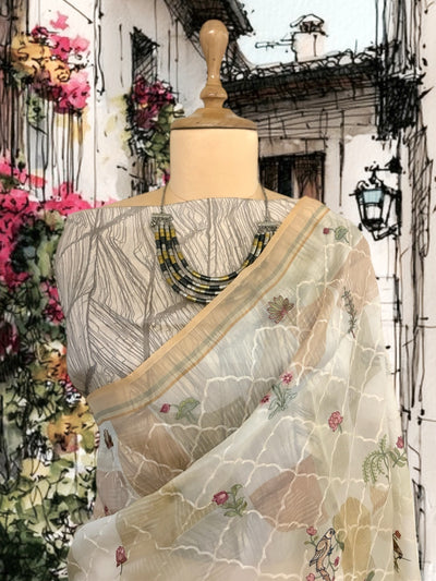 Poetic Beige Embroidered Organza Saree