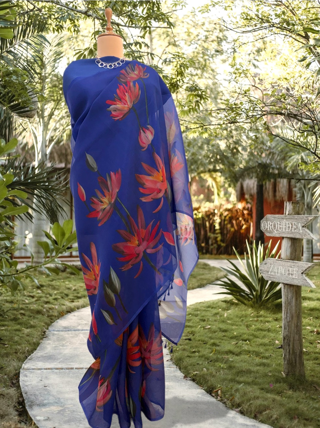 Ibiza Blue printed Organza Saree