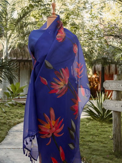 Ibiza Blue printed Organza Saree