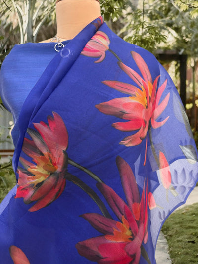 Ibiza Blue printed Organza Saree