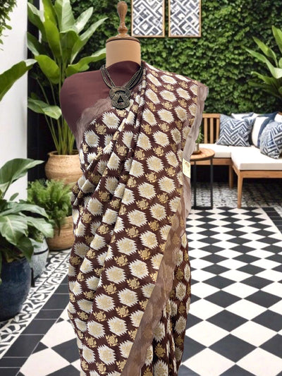 Cedar Brown Cotton Kora Saree