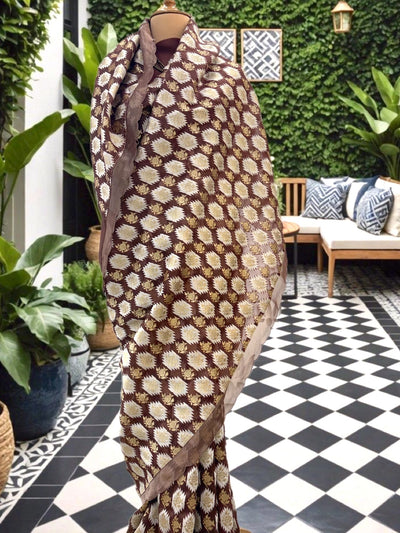 Cedar Brown Cotton Kora Saree