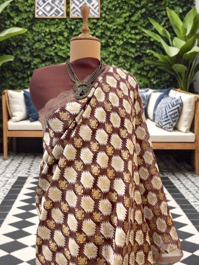 Cedar Brown Cotton Kora Saree