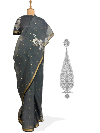 Ash Grey Organza Chanderi Saree