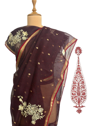 Coffee Maroon Organza Chanderi Saree