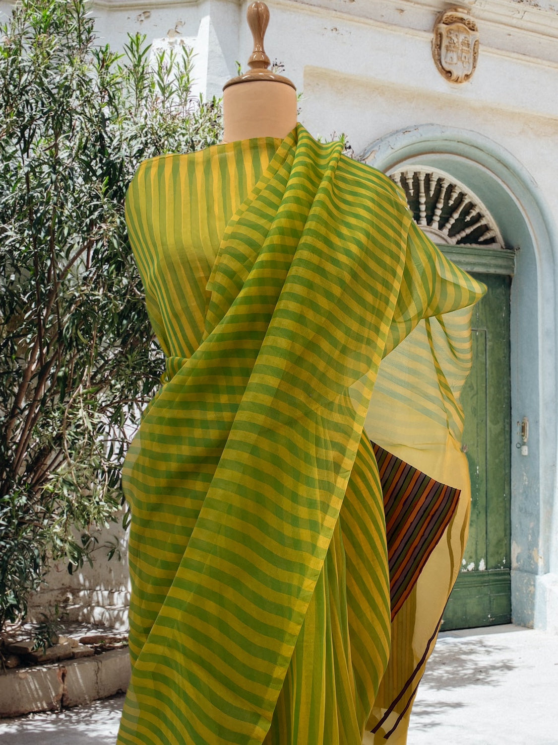 Chartreuse Green & Yellow  Muslin Organza Saree