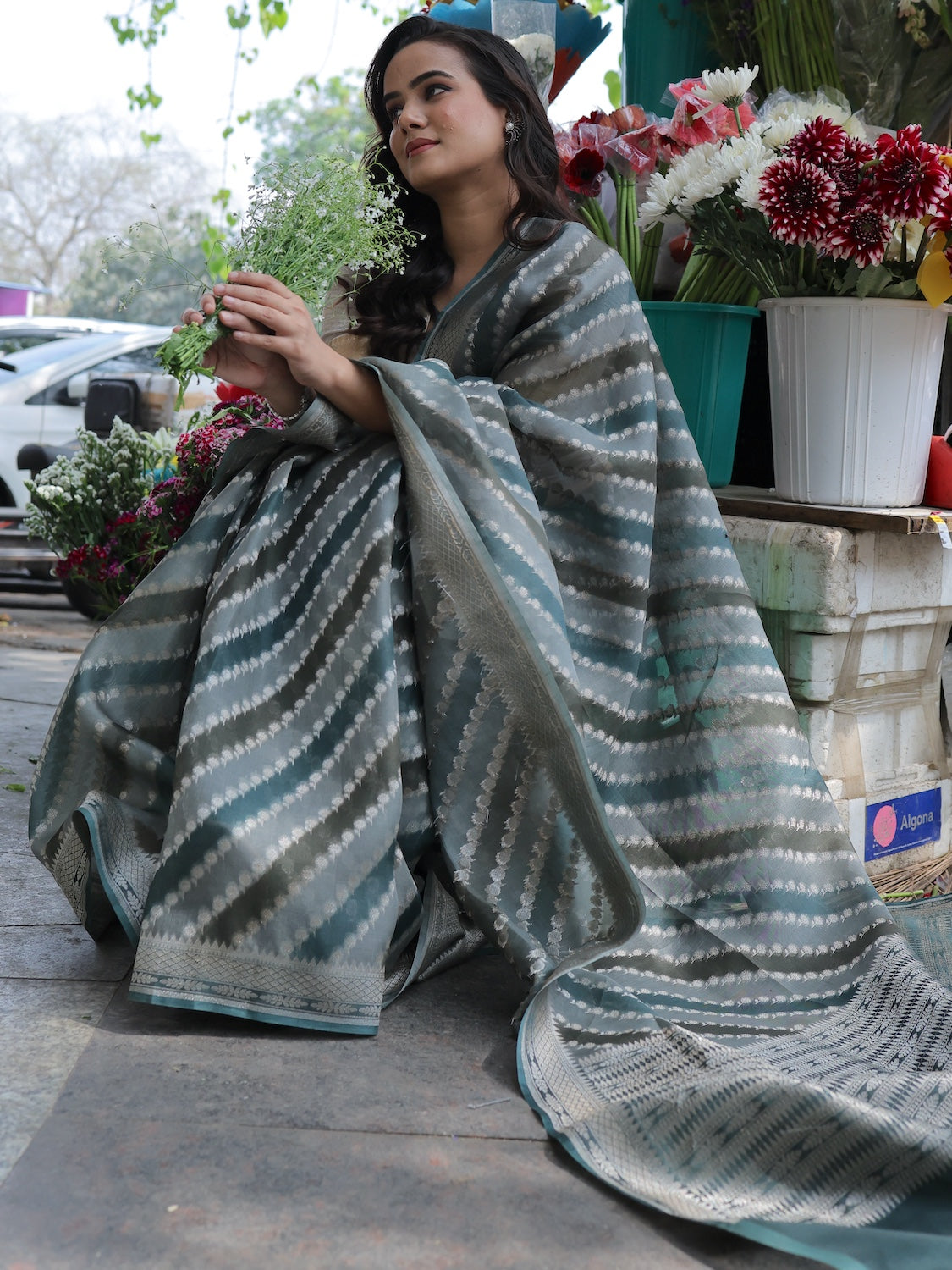 Ocean Waves Grey Organza Saree