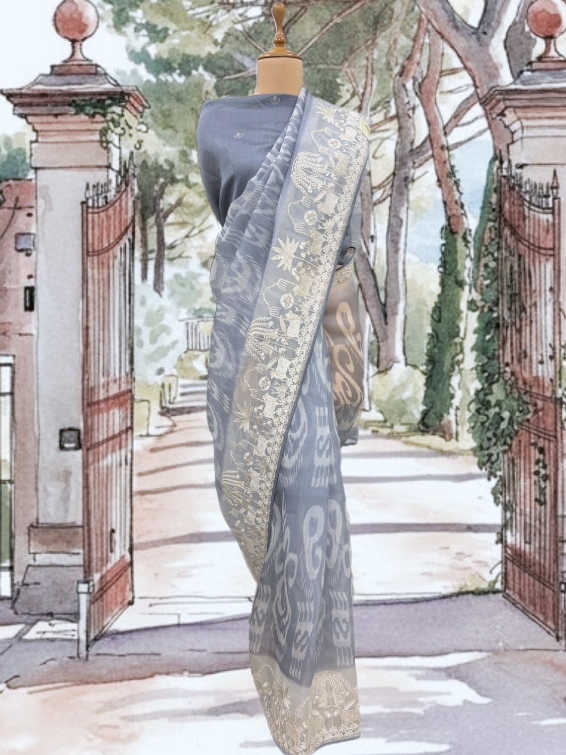 Steel Blue Embroidered Organza Saree