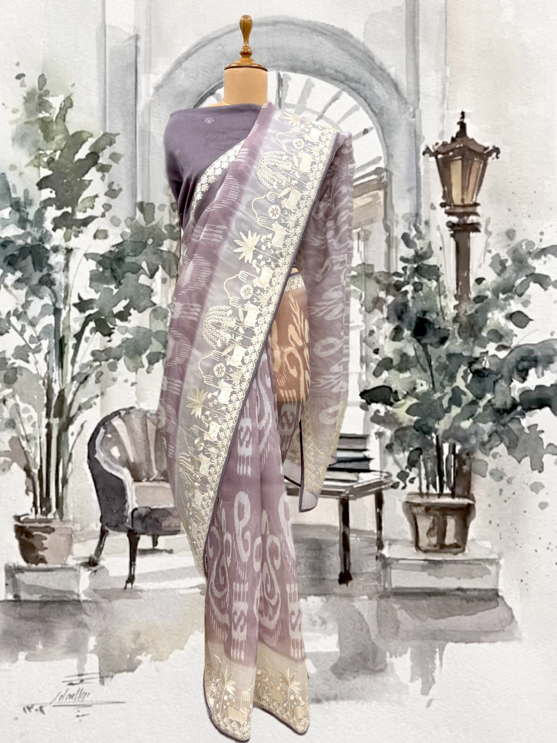 Dusty Lilac Embroidered Organza Saree