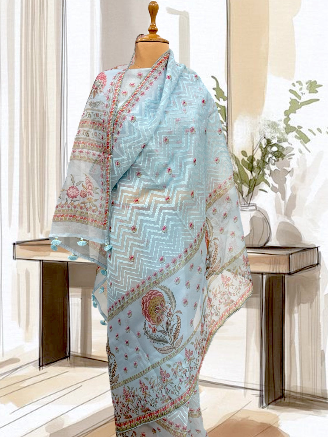 Sky Blue Embroidered Organza Saree