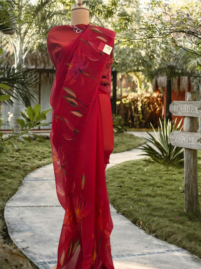Passionate Poppy Red printed Organza Saree