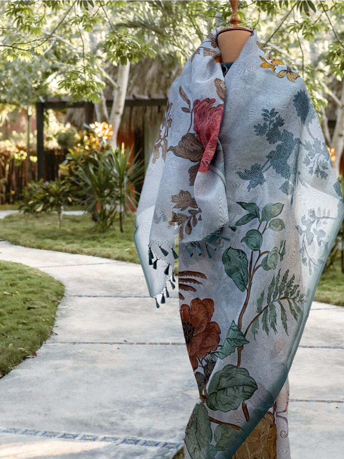 Chirpy Morning Sky Blue printed Organza Saree