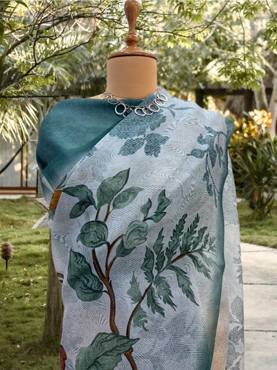 Chirpy Morning Sky Blue printed Organza Saree