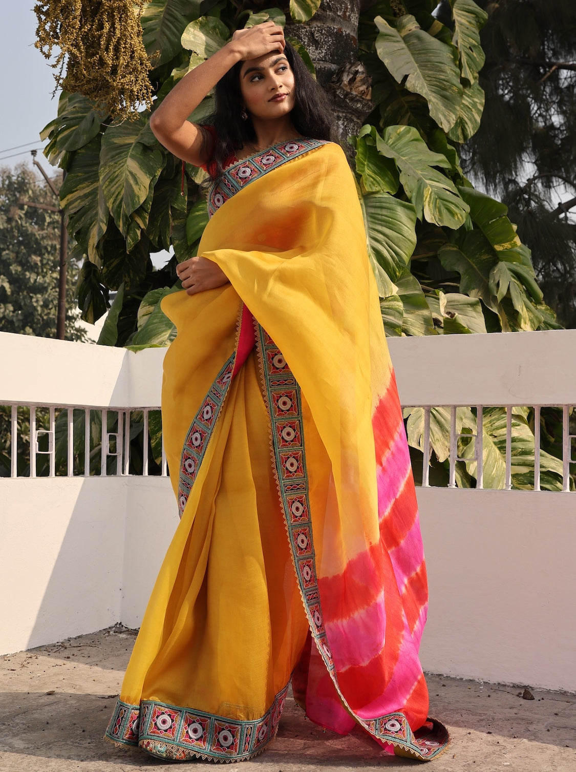 Oriana Sunrise Yellow & Pink Embroidery Organza Saree