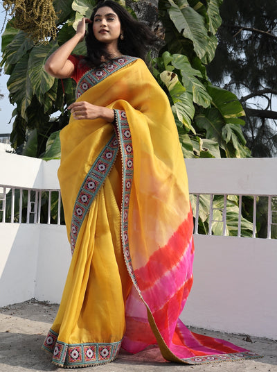 Oriana Sunrise Yellow & Pink Embroidery Organza Saree