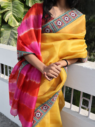 Oriana Sunrise Yellow & Pink Embroidery Organza Saree