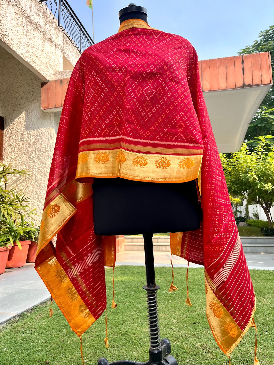 Red & gold Patola Silk Stole Dupatta