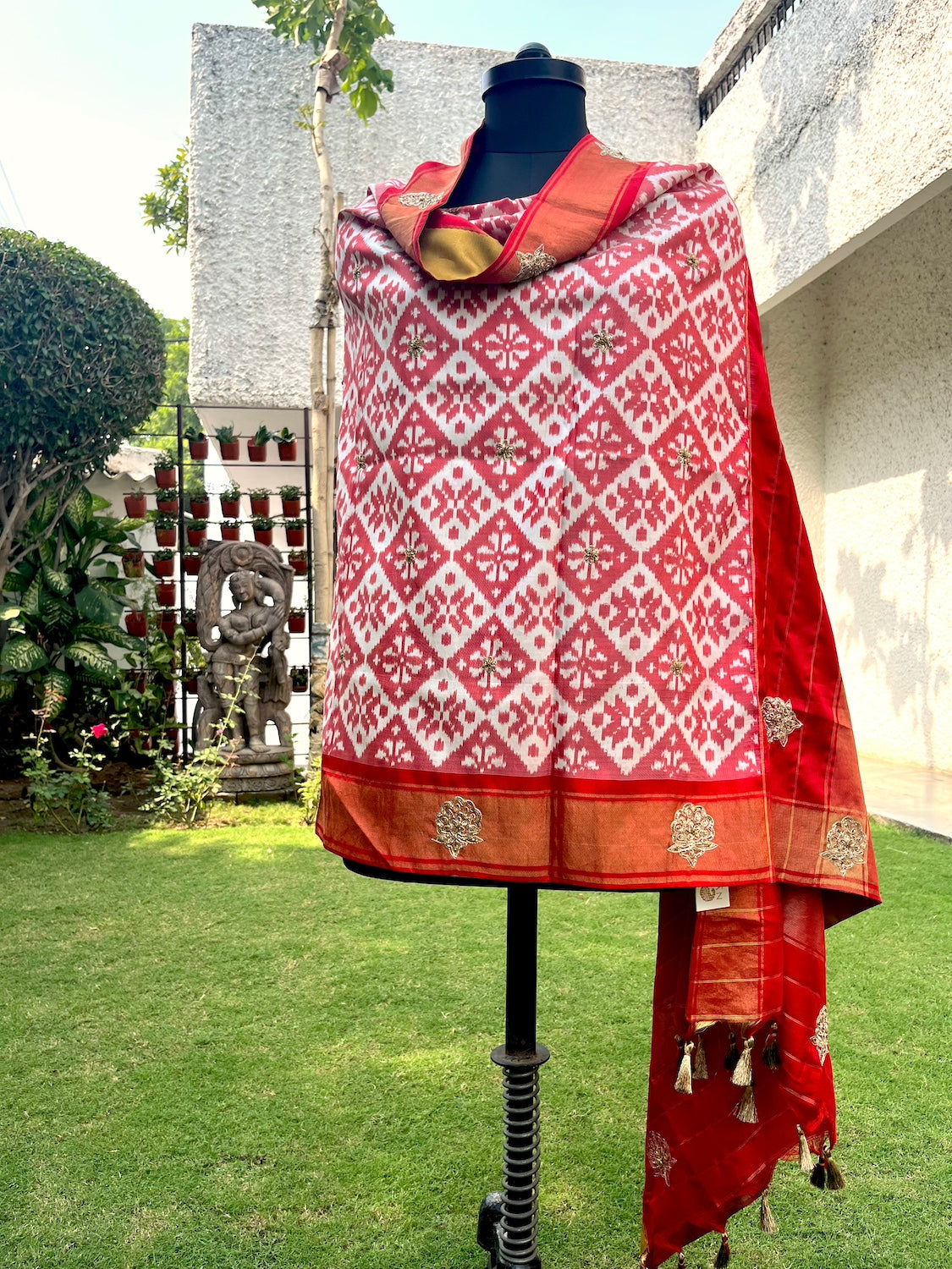 White & Red Patola Silk Dupatta