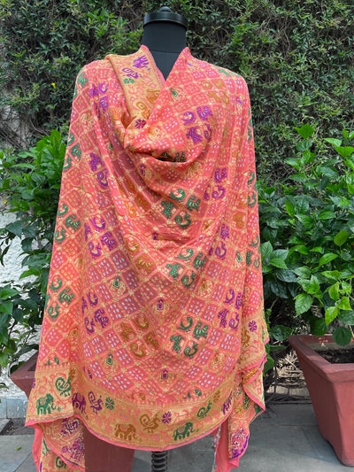 Mayurbhanj Peach Shikar Bandhani Dupatta