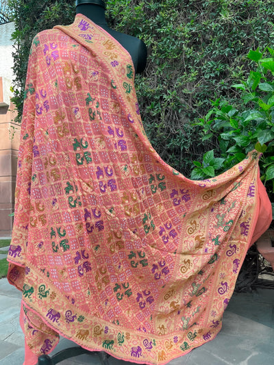 Mayurbhanj Peach Shikar Bandhani Dupatta