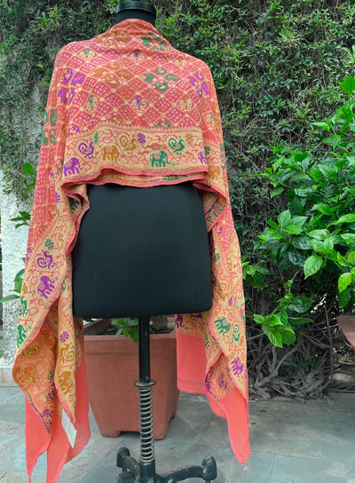 Mayurbhanj Peach Shikar Bandhani Dupatta