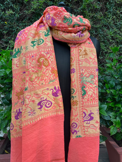 Mayurbhanj Peach Shikar Bandhani Dupatta