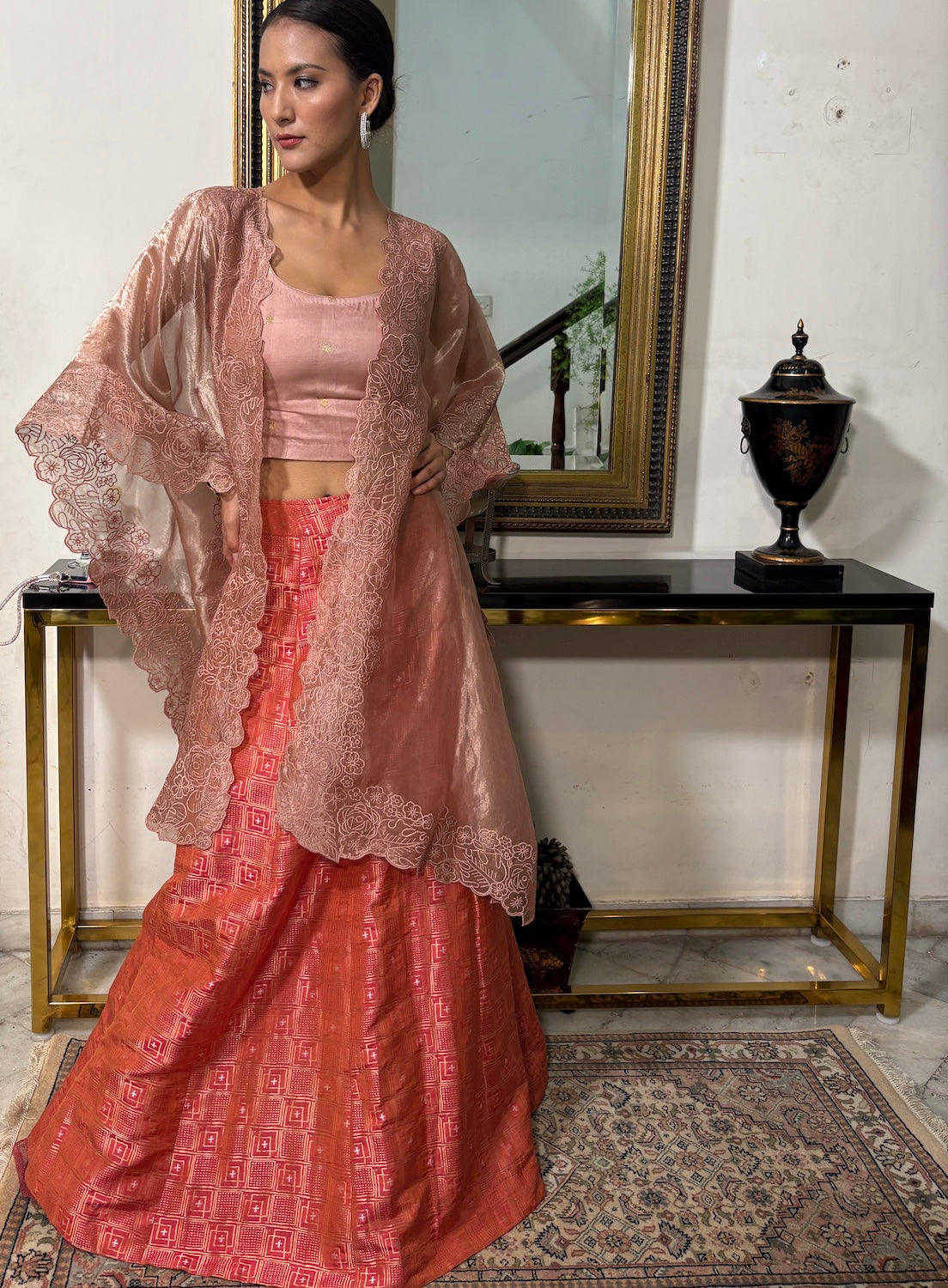 Peach Cutwork Lehenga Cape Set
