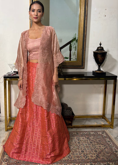 Peach Cutwork Lehenga Cape Set