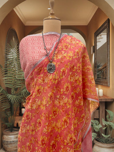 Enchanted Peach Printed Linen Saree