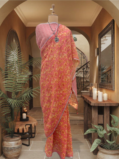 Enchanted Peach Printed Linen Saree