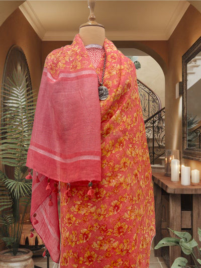 Enchanted Peach Printed Linen Saree