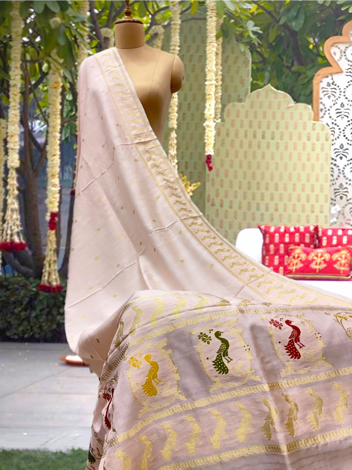 Dancing Peacock Peach Silk Dupatta