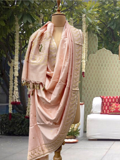 Dancing Peacock Peach Silk Dupatta