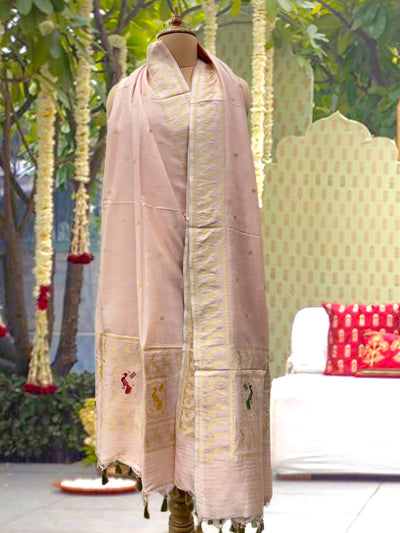 Dancing Peacock Peach Silk Dupatta