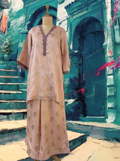 Peach Tussar Silk 2 piece Coord Set