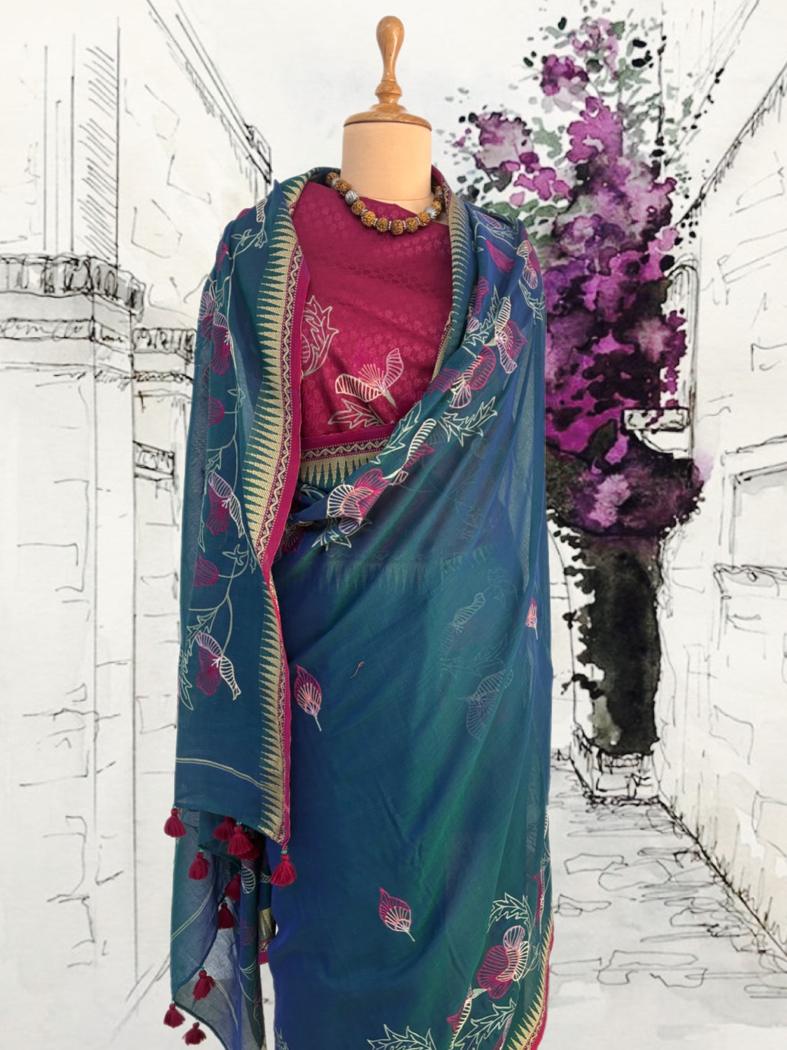 Enchanted Peacock Blue Embroidered Cotton Saree