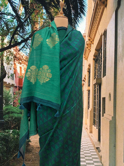 Peacock Bluish Green Moonga Cotton Saree