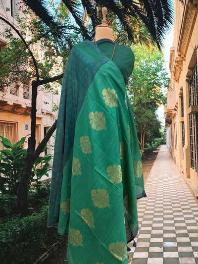 Peacock Bluish Green Moonga Cotton Saree