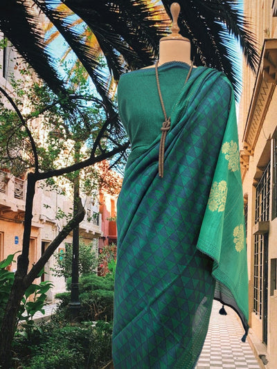 Peacock Bluish Green Moonga Cotton Saree