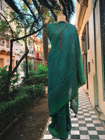Peacock Bluish Green Moonga Cotton Saree