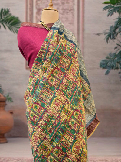 Mrinalini Beige & Pink Moonga Cotton Saree
