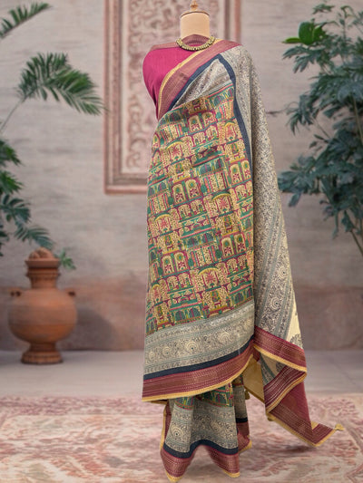Mrinalini Beige & Pink Moonga Cotton Saree
