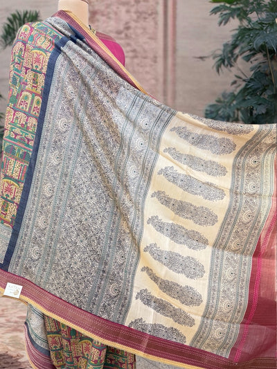 Mrinalini Beige & Pink Moonga Cotton Saree