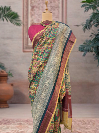 Mrinalini Beige & Pink Moonga Cotton Saree