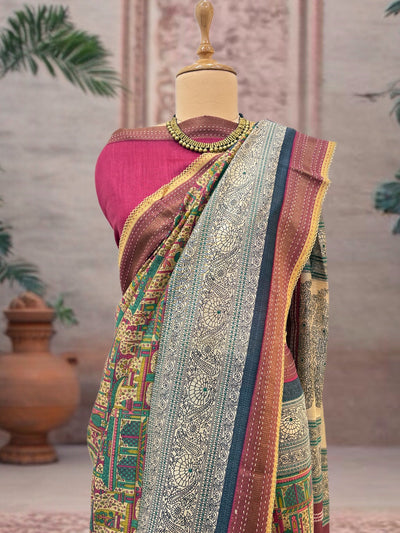 Mrinalini Beige & Pink Moonga Cotton Saree