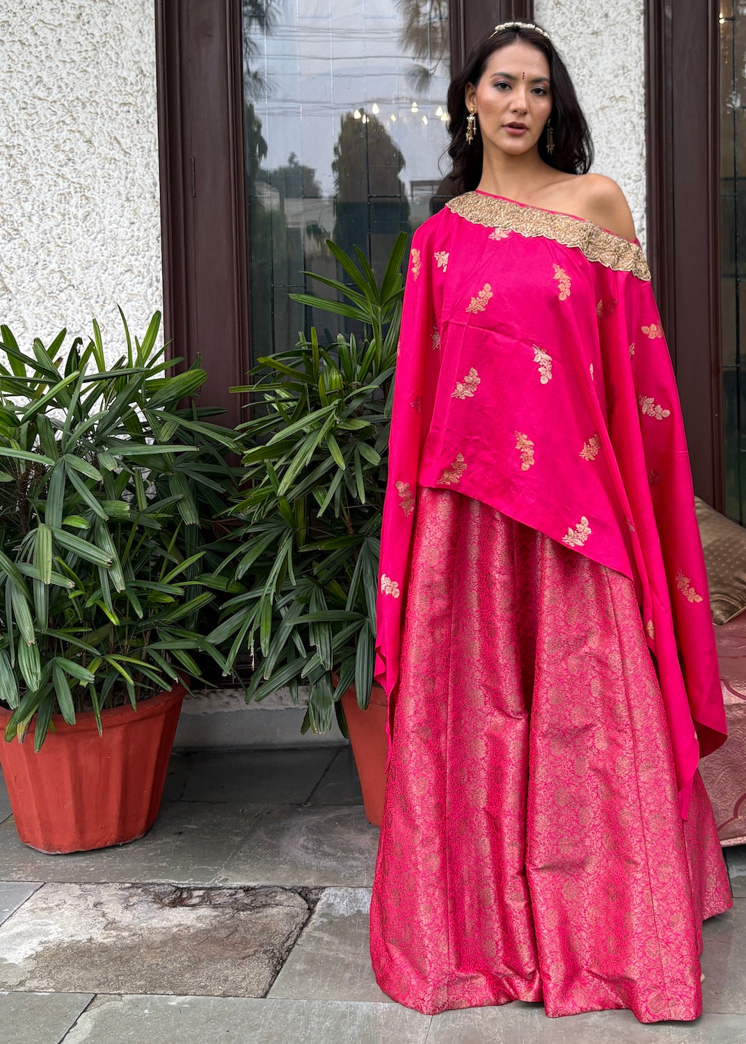 Pink Brocade Lehenga Cape Set