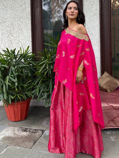 Pink Brocade Lehenga Cape Set