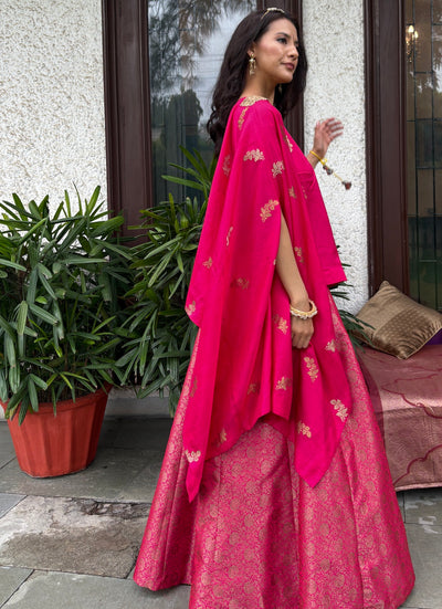 Pink Brocade Lehenga Cape Set