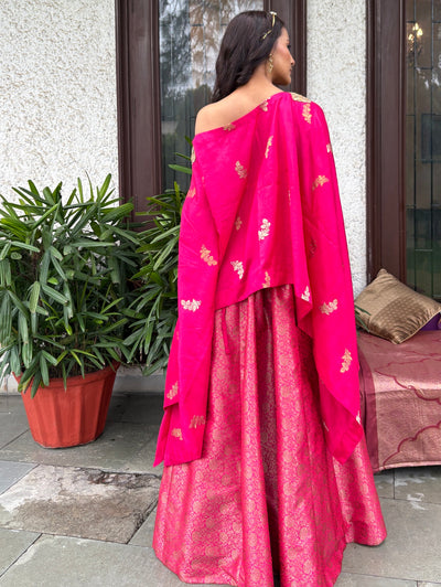 Pink Brocade Lehenga Cape Set