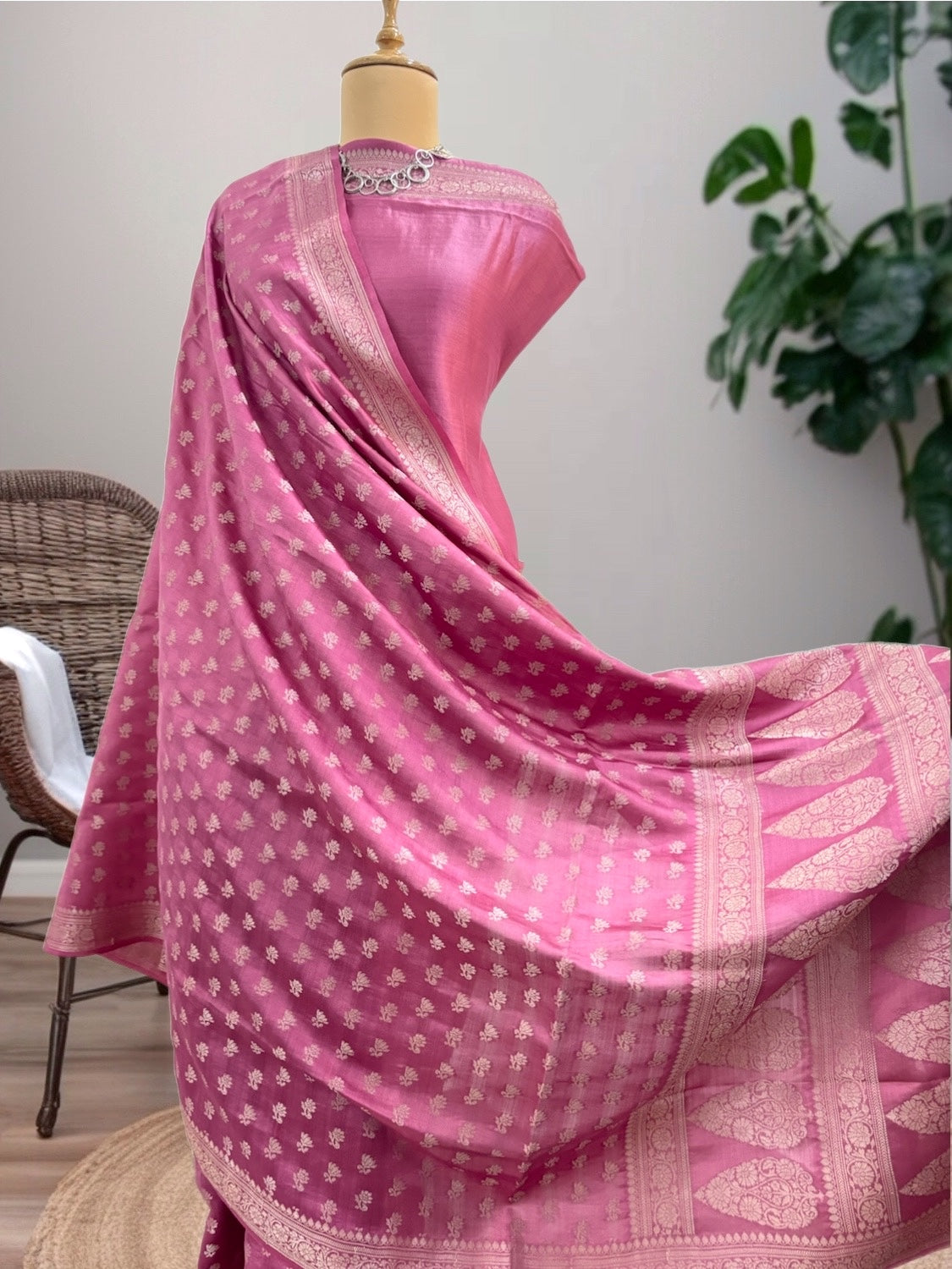 Camellia Pink Chinya Silk Sari